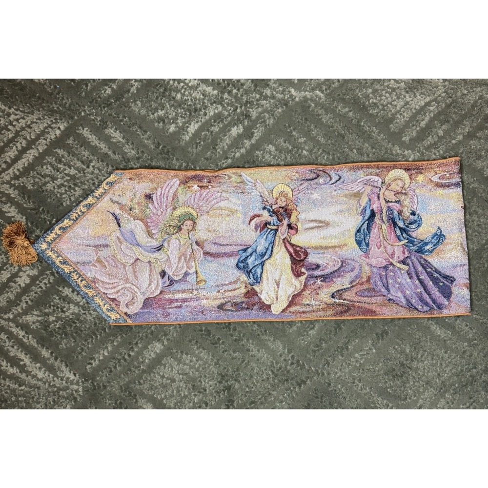 Lena Liu Angels Woven Tapestry Table Runner Tassels Glitter Whimsigoth Vintage